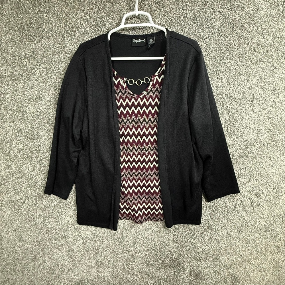 Maggie Barnes Womens 1X Black Chevron 2-in-1 Cardigan Layered Top O-Ring Detail